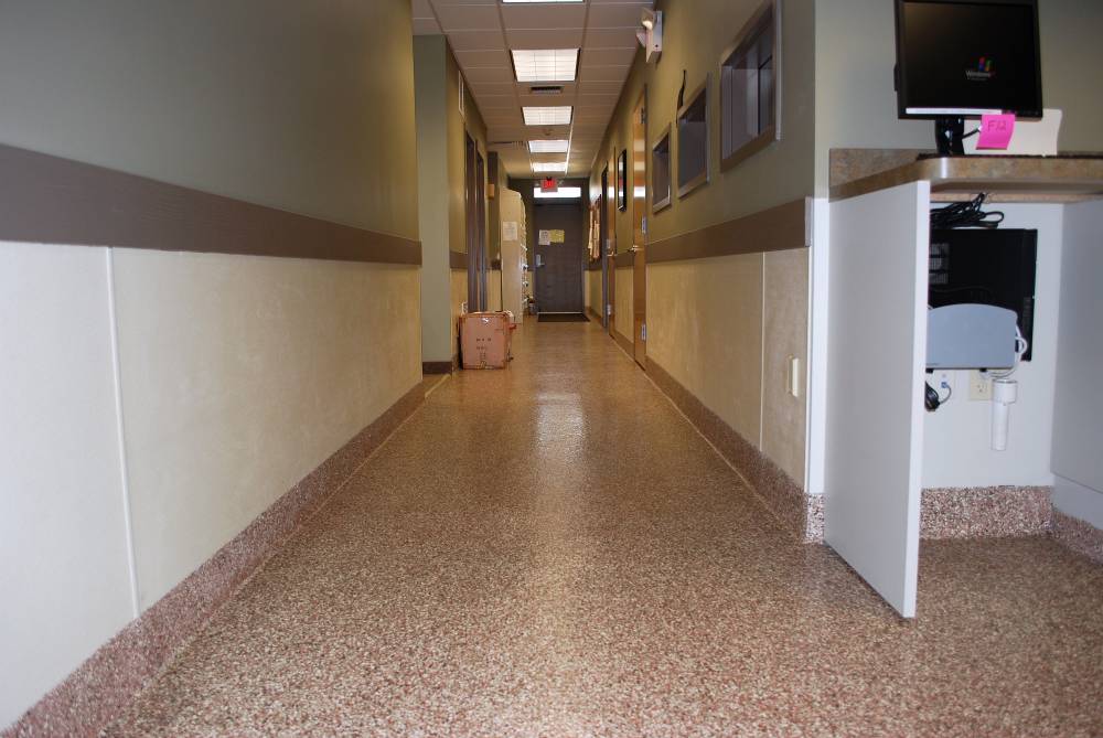 Vinyl chip urethane flooring resists traffic wear and abrasion.